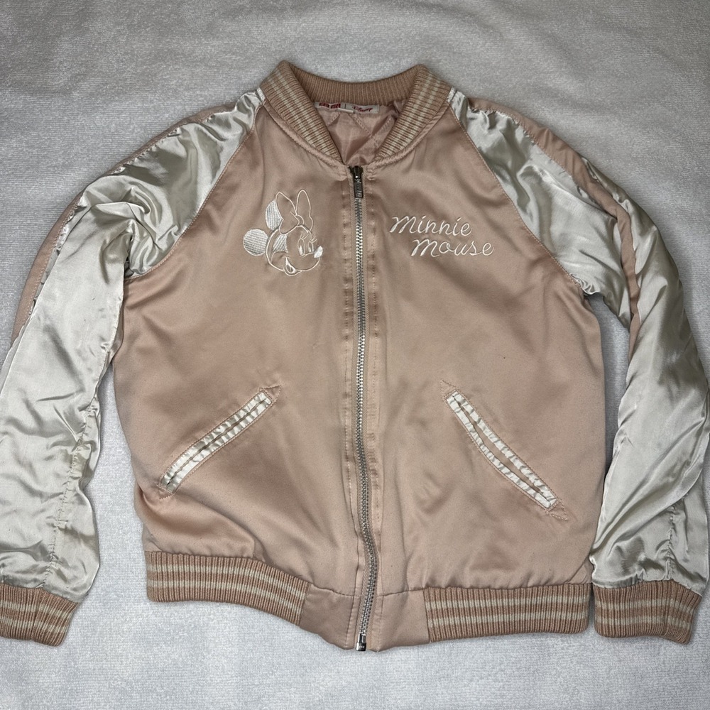 Disney Minnie Mouse Satin Varsity Bomber Jacket Girls Size 7-8 Rose Gold